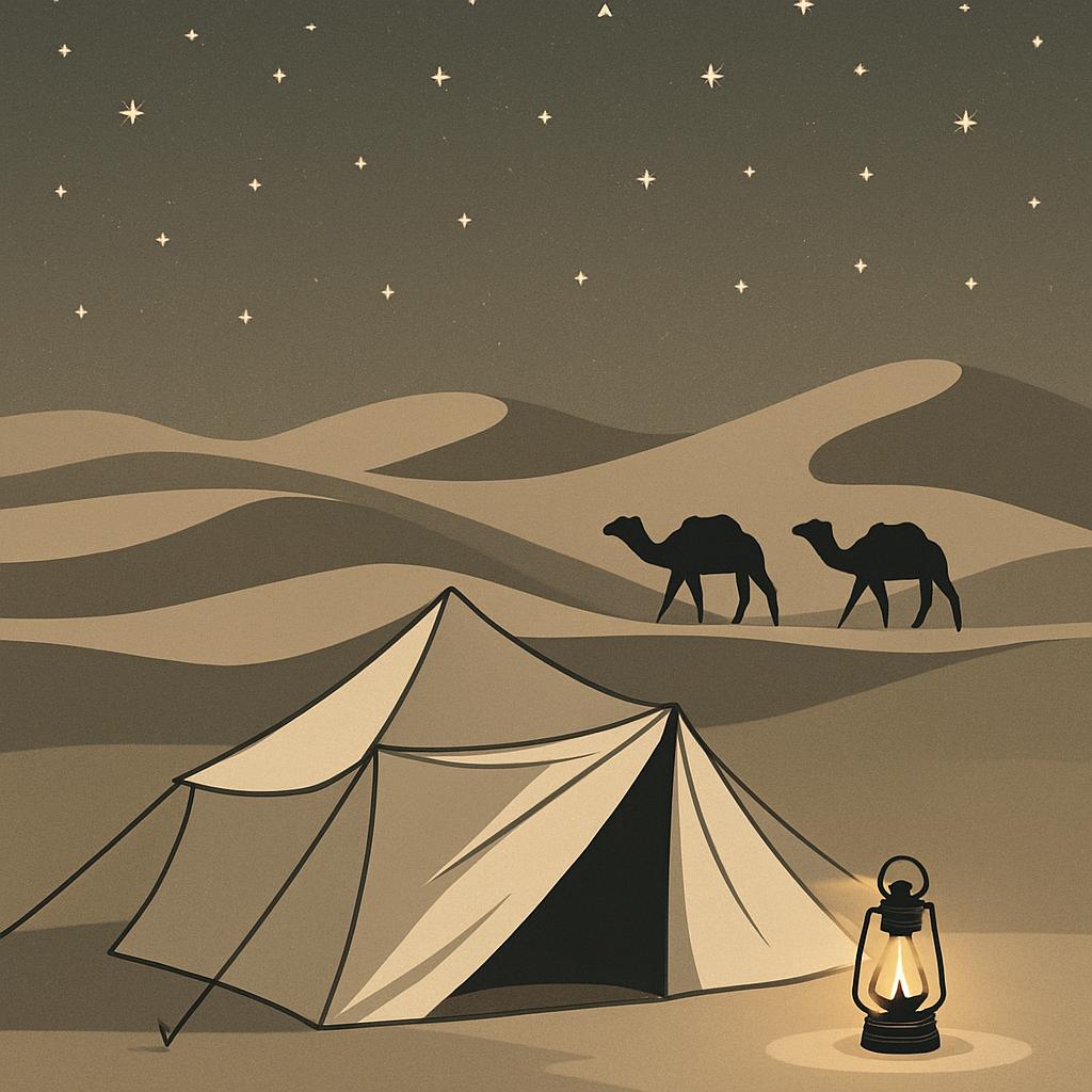 A desert scene at night, a tent set up with a lantern nearby, two camels walking in the distance under a starry sky, in sh...